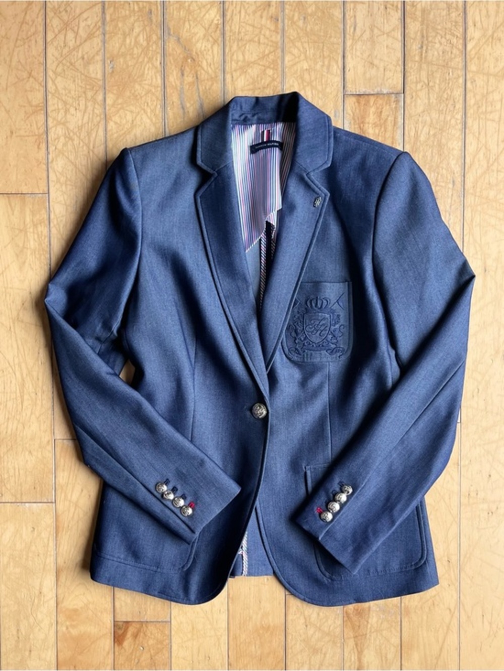 Tommy Hilfiger Preppy Collegiate Navy Embroidered Crest Blazer Jacket Size Small